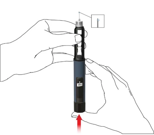 Dos manos sostienen una pluma inyectable en posición vertical con una flecha roja que indica la presión del pulgar sobre la base del dispositivo