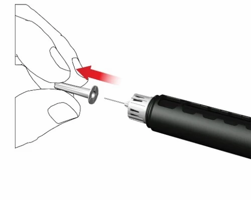 Dibujo técnico que muestra una mano empujando un dispositivo médico cilíndrico negro hacia una tapa blanca con una flecha roja direccional