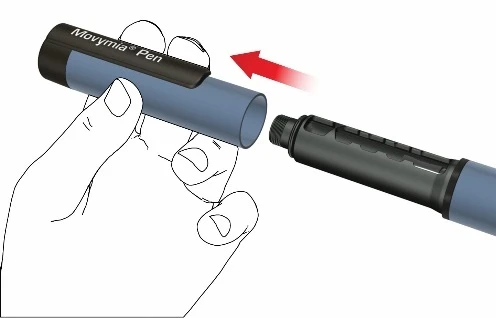 Una mano sostiene la parte superior de un dispositivo Movymia Pen mientras una flecha roja indica la