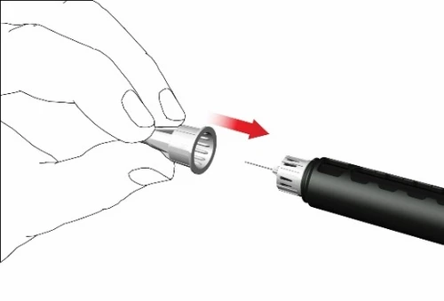 Una mano sostiene una tapa gris y la mueve con una flecha roja hacia la punta de un dispositivo médico negro con una aguja expuesta
