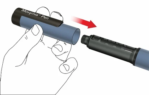 Una mano sostiene la parte superior de un dispositivo Movymia Pen mientras lo inserta en la parte inferior indicada por una flecha roja