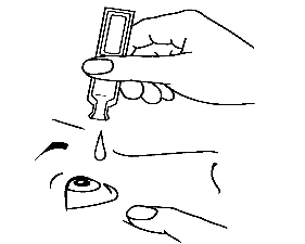 One hand holds an open vial above an eye while a drop of liquid is about to fall into the conjunctival sac