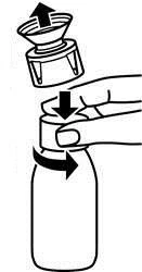 Dibujo técnico que muestra una mano retirando el tapón de un frasco médico con una flecha que indica el movimiento hacia afuera