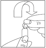 Line drawing showing two hands holding a vial and a curved arrow indicating the downward flipping motion