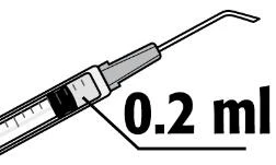 Техническая схема шприца с поршнем, установленным на отметке 0,2 мл, указанной чёрной линией на белом фоне