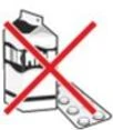 Stylized drawing of a milk carton and a pill blister pack with a large red cross above, indicating prohibition of intake
