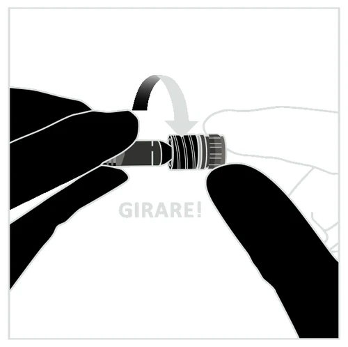 Two hands holding a cylindrical medical device with a curved arrow indicating to rotate the top and the text 'ROTATE' at the bottom