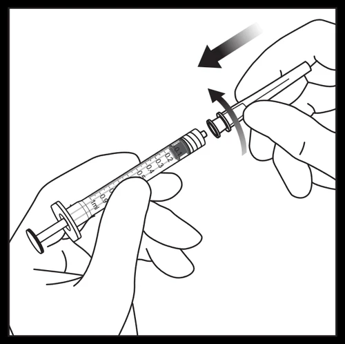 Two hands screwing or unscrewing the protective cap from the tip of a graduated syringe, with arrows showing the rotational movement