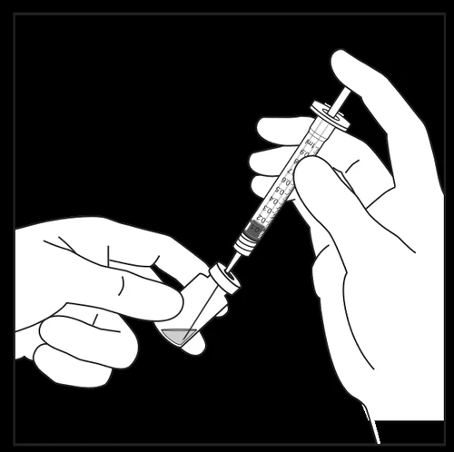 Two hands preparing a medication, one holding a small glass vial and the other a syringe