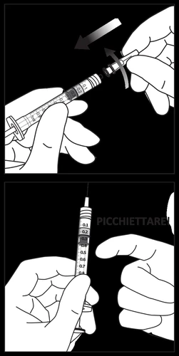Two black-and-white illustrations showing hands rotating the top of a syringe and tapping the barrel to remove air bubbles