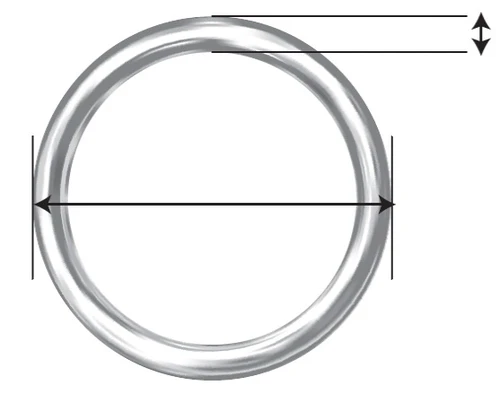 Diagramma tecnico di un anello metallico con frecce che indicano lo spessore della circonferenza e il diametro interno ed esterno
