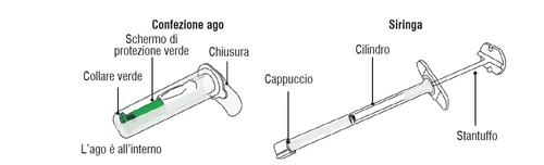 Medical diagram with needle syringe featuring a green shield and closure, and syringe with cylinder, cap, and plunger, including descriptive labels