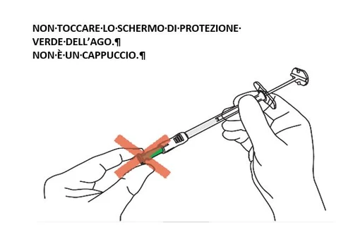 Drawing of two hands holding a syringe with a red cross over the green protective shield