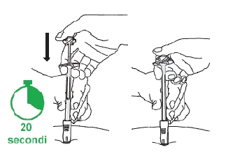 Technical drawing showing two hands pressing a syringe against the skin with a downward arrow and a timer displaying '20 seconds'