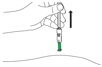 A hand holding an auto-injector pen with a black arrow pointing downward