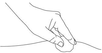 Black line drawing of a hand pressing with fingers on a small mass or bump beneath the skin of an arm or leg