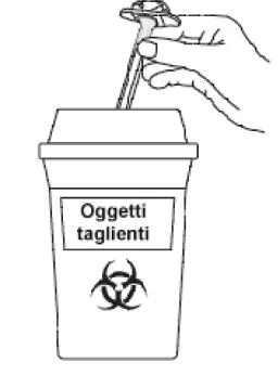 A hand inserting a needle into a sharps disposal container marked with a biohazard symbol for safe disposal