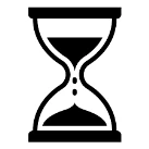 Black icon of an hourglass with sand flowing from the upper to the lower chamber on a white background