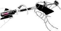 Schematic diagram showing the assembly of a needle and syringe onto a black cylindrical container with pink and gray details