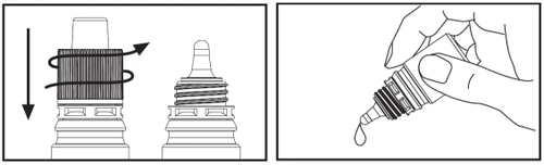 Technical drawing showing a rotational motion to unscrew a cap and a hand tilting a vial to dispense a drop