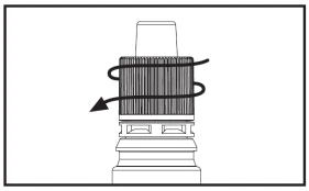 Black-and-white technical drawing of a medical device with a curved arrow indicating a leftward rotational movement
