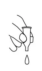 Black line drawing on white background showing a hand squeezing a vial from which a single drop of liquid emerges