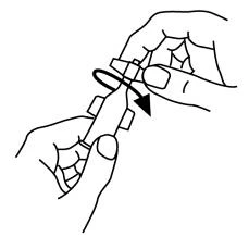 Two hands holding an injection pen with a black curved arrow indicating the rotational movement for device preparation