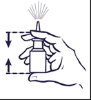 Disegno lineare di una mano che preme un flacone spray verso l'alto con frecce che indicano il movimento di pressione e lo spruzzo