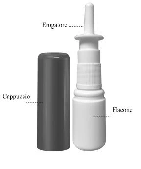 Diagramma di un flacone bianco con erogatore a punta e cappuccio grigio scuro separati e indicati da linee tratteggiate con etichette testuali