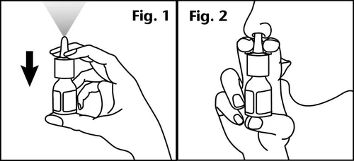 Dos diagramas que muestran cómo sostener un frasco pulverizador nasal, con una flecha hacia abajo en la Fig. 1 y la
