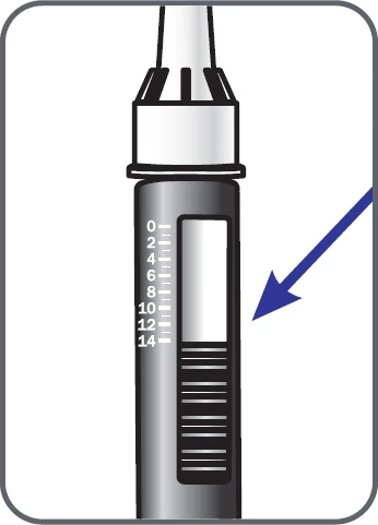 Illustration of a syringe with a scale graduated from 0 to 14 and a blue arrow indicating the downward level of liquid