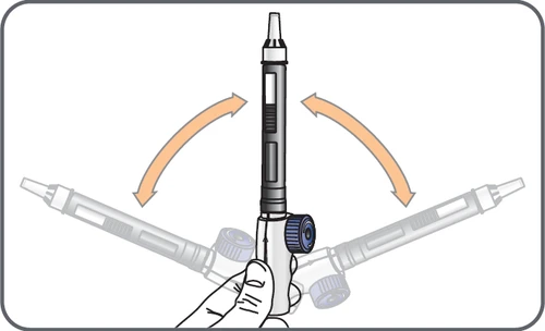 Diagram showing the rotational movement of an auto-injector held by a hand, indicating device rotation during administration