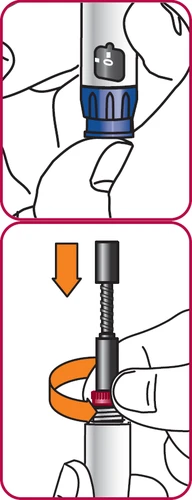 Technical drawing showing a hand gripping an injection pen and an orange arrow indicating rotational movement of the base