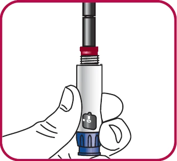A hand holding vertically a pen-shaped medical device with white body, black top, blue base, and gray switch