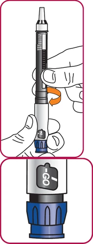 Two hands holding a medical injection pen with an orange arrow indicating downward rotation of the lower part