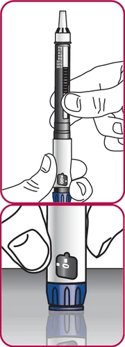 Technical drawing showing two hands gripping a white and black medical injection pen with dose indicator and blue base