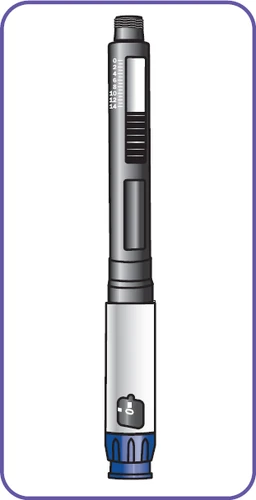 Vertical gray and white medical injection pen with numbered graduated scale and black activation button on blue base