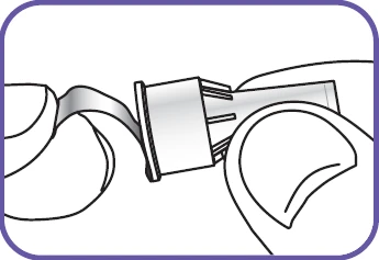 A drawing showing a hand removing the protective cap from a white and transparent cylindrical medical device