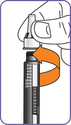 A hand rotating the top of an injection pen to the right, following a curved orange arrow above the graduated body of the device