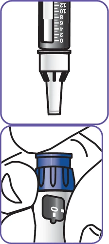 Technical drawing of a syringe with scale graduated from 0 to 12 and a detail of a hand gripping the blue upper part of the medical device