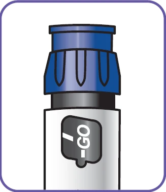 Illustration of a medical device with blue ribbed cap and white body with a