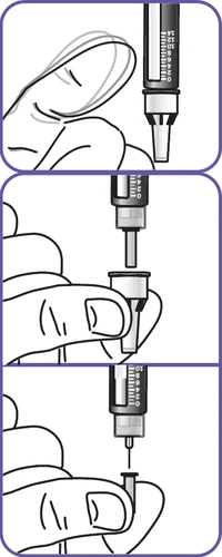 Three sequential illustrations showing hands removing the cap and inserting the
