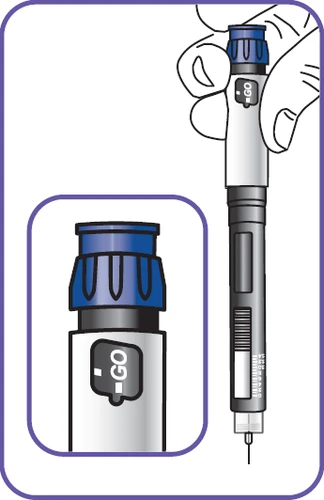 A drawing showing a hand holding a pen-type medical device with a GO indicator and a close-up of the blue and black top part