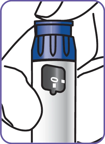 A hand holding a white cylindrical medical device with a blue top and a small dark viewing window in the center