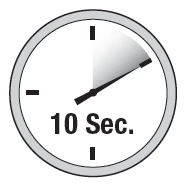 Stylized analog clock with hands indicating a time interval of 10 seconds on a white background with gray borders