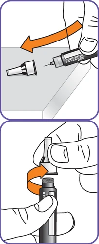 Two-part medical illustration showing a hand removing a cap from a syringe and a hand rotating a cap onto a syringe