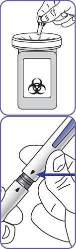 A hand inserting a cap into a vial with a biohazard symbol and a blue arrow pointing to a location on the medical device