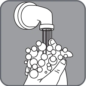 Black and white drawing of an open tap running water over hands filled with soap bubbles for hand washing