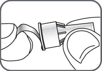 Two fingers pressing and rotating the top part of a white cylindrical medical device to detach or prepare a component