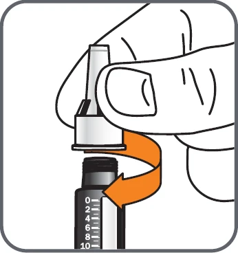 A hand holding a medical device and rotating it clockwise above a graduated vial with a curved orange arrow